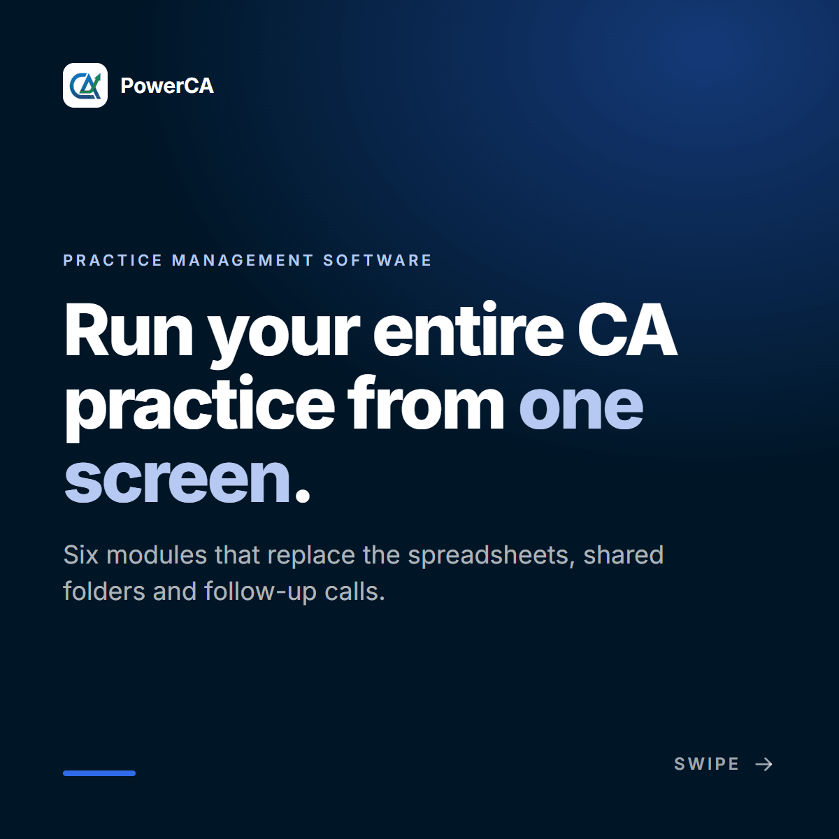 Power CA practice management software - run your entire CA practice from one screen. Six modules that replace the spreadsheets, shared folders and follow-up calls.